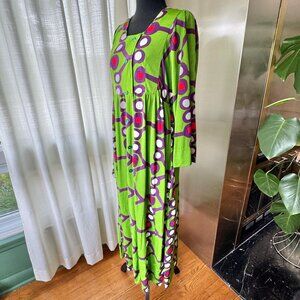 Vintage 70s dress, lime green, purple, white, hot pink bold print, bell sleeves